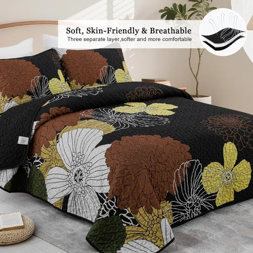 Miniatura 3 de Anibedding Juego de edredón tamaño Queen, colcha floral negra tamaño Queen, juego de colcha de flores bohemias con 2 fundas, juego de edredón de 3
