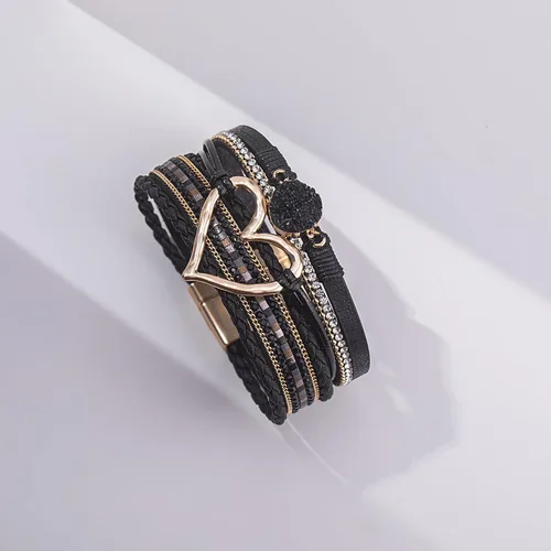 Miniatura 7 de FANCY SHINY Pulseras de cuero con forma de corazón, apilables, bohemias, pulseras de diamantes de imitación de resina de moda con cierre magnético