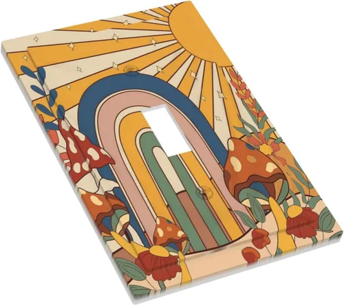 Miniatura 3 de Cubiertas de interruptor de luz de palanca simple de los años 70, estilo bohemio vintage con sol, arcoíris, retro, hongo, floral, de 1 gang, placas