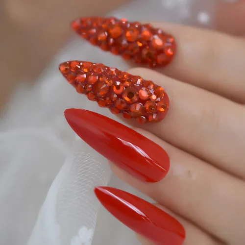 Miniatura 5 de Juego de 24 uñas postizas extralargas con diamantes de imitación, cobertura completa, juego de uñas postizas puntiagudas para mujer