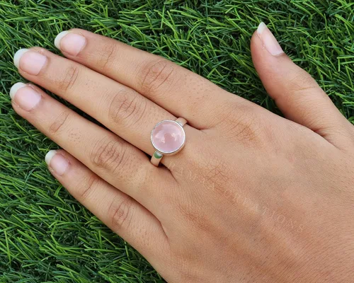 Miniatura 7 de Anillo de plata de cuarzo rosa Anillo de cuarzo rosa redondo natural Plata de ley 925 Joyería hecha a mano