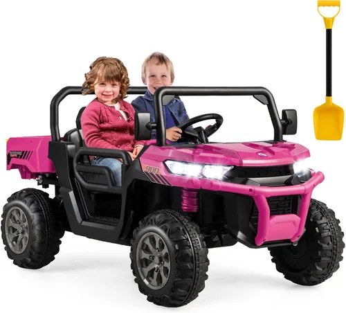 Costzon Camión volquete con control remoto, UTV eléctrico de 12 V para niños con cama volquete eléctrica, función de balanceo, pala, 4 suspensiones