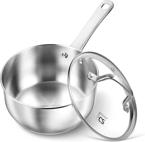 KOCH SYSTEME CS Cacerola de acero inoxidable de 1 cuarto de galón, cacerola de acero inoxidable 18/10 con tapa, sartén de acero premium, sartén