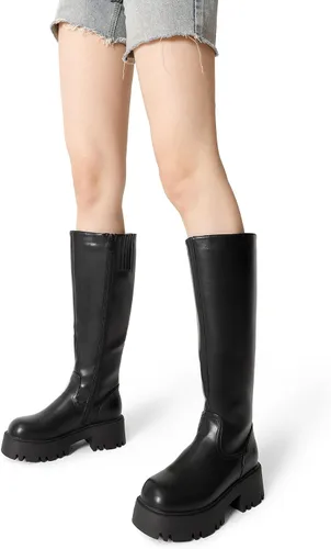 Miniatura 5 de DREAM PAIRS Botas altas hasta la rodilla, cómodas botas de plataforma gruesa con punta redonda y cremallera lateral para mujer