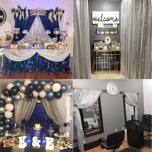 Miniatura 3 de Telón de fondo de lentejuelas plateadas de 2 x 8 pies, 4 paneles, cortinas plateadas con lentejuelas para fiestas, telón de fondo brillante