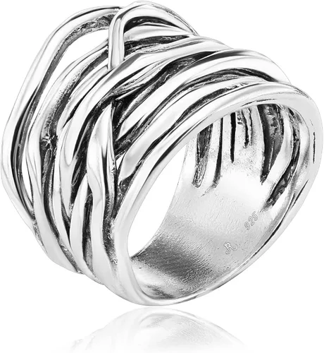 Anillo de plata de ley 925 con múltiples hebras, oxidado, aspecto vintage, hipoalergénico, sin níquel ni plomo, colección de diseñador artesanal