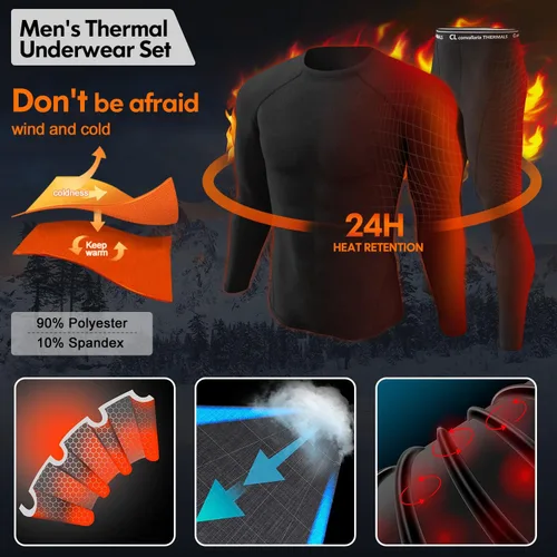 Miniatura 2 de CL convallaria 2 Pack Thermal Underwear for Men - Warm Fleece Lined Long Johns - Winter Gear Base Layer Tops & Bottoms Set
