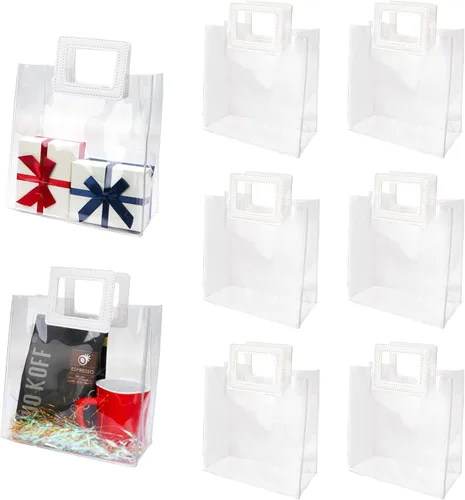 Zwish 6 bolsas de regalo transparentes con asa de 8.5 x 8.1 x 4.1 pulgadas, bolsas de regalo transparentes a granel para recuerdos de fiesta, boda,