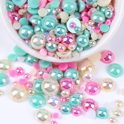 Miniatura 38 de Perlas con parte trasera plana para manualidades, 50g Mezcla Azul Rosa Blanco Medias perlas para manualidades, Tamaño mixto 3/4/5/6/8/10mm Perlas