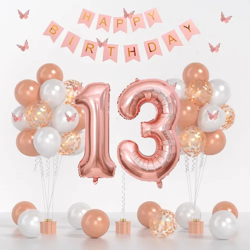 13th Birthday Decorations For Girls -Rose Gold Pearl White Balloons, 32 Inch Rose Gold "13" Balloon, 3D Butterflies Stickers, Happy Birthday Banner