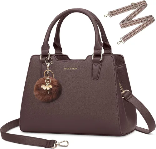 Miniatura 12 de IGOLUMON Bolso de mujer con asa superior de cuero vegano sintético Satchel Monedero para mujer Bolso de mano de diseñador con lindo pompón