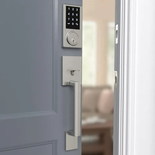 Miniatura 6 de Amazon Basics Cerradura electrónica del teclado de la puerta del cerrojo de la pantalla táctil del grado 3 con manija, acabado de níquel satinado