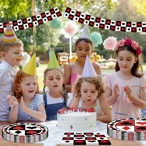 Miniatura 6 de Kit de suministros de fiesta de casino para 24 invitados, 97 piezas, incluyendo platos, tenedores, servilletas, banderines, ideal para noches