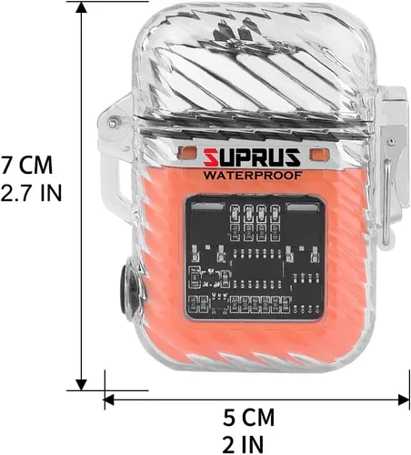 Miniatura 7 de SUPRUS Luminoso 3 modos de linterna resistente al viento, impermeable, encendedor eléctrico recargable de plasma de doble arco con silbato de Naranja