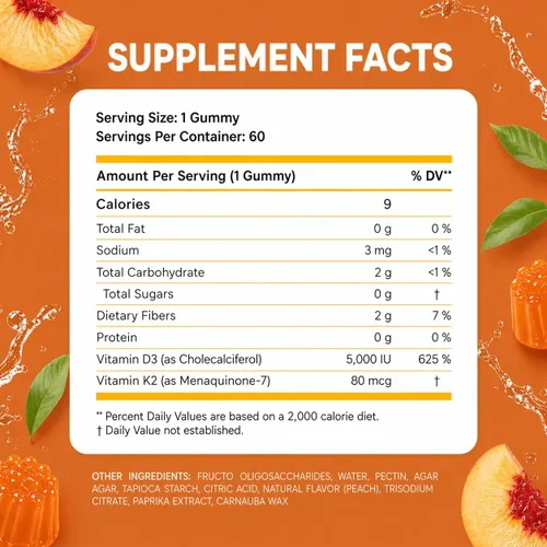 Miniatura 2 de Gomitas de vitamina D3 K2 sin azúcar, gomitas de vitamina D3 5000 UI+K2 MK7 80 mcg, suplemento de vitamina K2 D3 para adultos, vitamina D K2