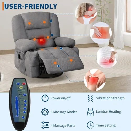 Miniatura 5 de Mecedora de masaje con vibración y calor, sillas mecedoras giratorias de felpilla de 360° para sala de estar, asiento de cine en casa con portavasos
