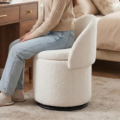 Miniatura 10 de LukeAlon Otomana de Maquillaje de Lino con Almacenamiento, Taburete de Tocador Giratorio Tapizado 360° con Respaldo Plegable, Reposapiés Cilíndrico