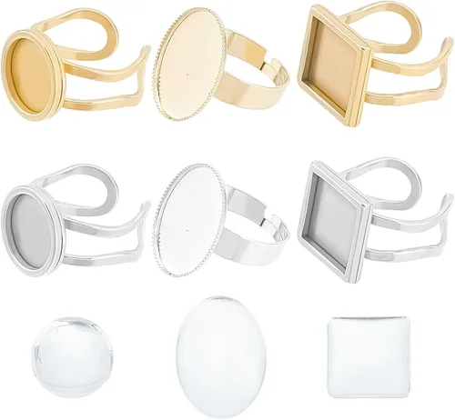 SUNNYCLUE Anillo de dedo, base de anillo ajustable en blanco, media redonda, base de cabujón plano, configuración de bandeja de bisel para kit de