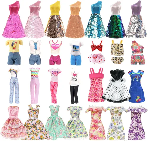 Miniatura 8 de 20 piezas de ropa y accesorios para muñecas hechos a mano, 3 vestidos de lentejuelas, 4 vestidos de moda, 3 tops y pantalones, trajes casuales, 10