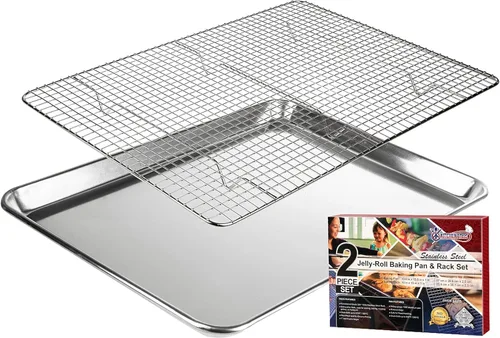 KITCHENATICS Bandeja de aluminio para brazo de gitano de 15 x 10 pulgadas y estante de acero inoxidable, bandeja para hornear con estante para