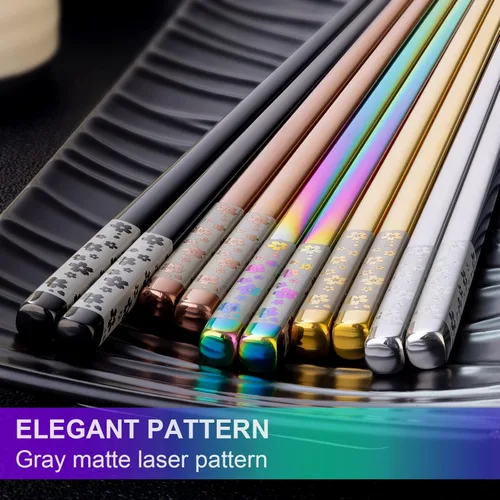 Miniatura 3 de FOFAYU Palillos de metal reutilizables, 5 pares de palillos de acero inoxidable multicolor, aptos para lavavajillas, cuadrados, ligeros