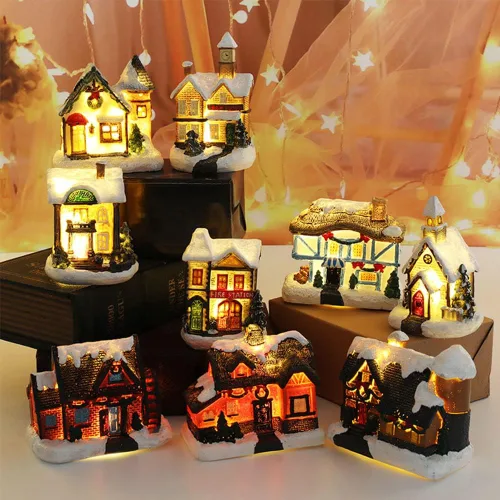 Miniatura 2 de Ochine Casa con luz de pueblo navideño, decoración navideña con luz LED, material de resina, edificios coleccionables de vacaciones