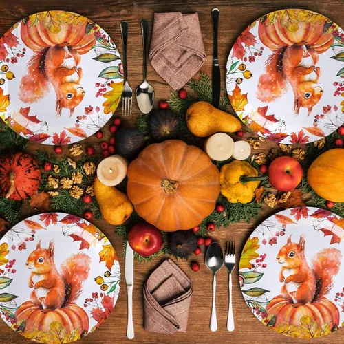 Miniatura 7 de Whaline 40 platos de papel de otoño de 9 pulgadas, platos desechables de calabaza naranja, ardilla, cosecha de otoño para Acción de Gracias, fiesta