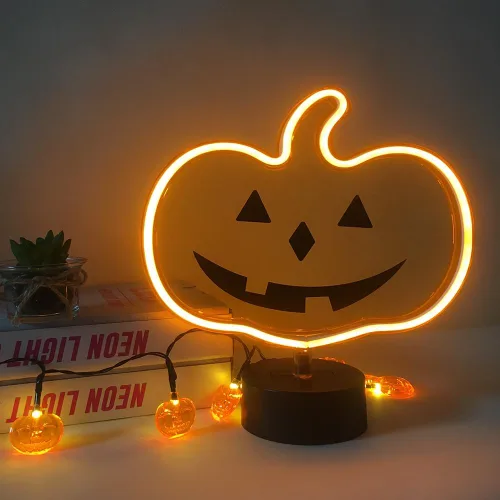 Miniatura 2 de Letrero de neón de calabaza brillante naranja, decoración de Halloween, luz de mesa con USB o batería