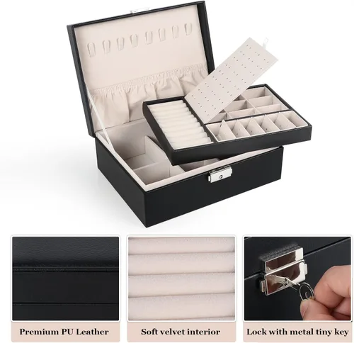 Miniatura 18 de Joyero para mujeres y niñas, contenedor organizador de joyas de 2 capas con cerradura, estuche de almacenamiento de piel sintética con bandeja
