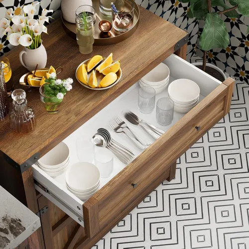 Miniatura 6 de JUMMICO Gabinete de barra de café, aparador de cocina de granja, gabinete de buffet con cajón y estante ajustable para puerta de granero de Marrón
