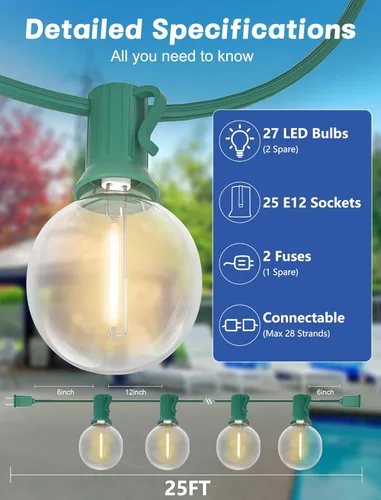 Miniatura 2 de SUNSGNE Luces Redondas de Navidad de 25 Pies para Exteriores, Cadena de Luces Globo G40 con 27 Luces LED Transparentes (2 de Repuesto), Cadena