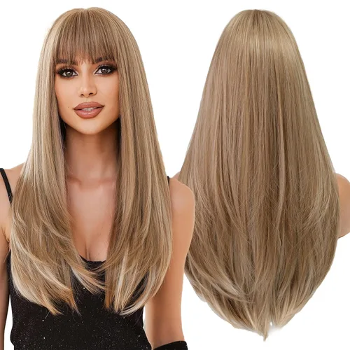 Miniatura 12 de Pelucas rubias cenizas para mujer, peluca larga recta en capas con flequillo, cabello sintético natural con raíces oscuras