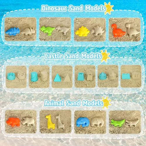 Miniatura 8 de FUSPWEAO Juguetes de playa, juguetes de arena de dinosaurios con camión volquete y cubo de playa plegable, pala y rastrillo, bolsa de malla, moldes