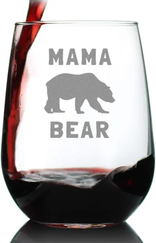 Copa de vino sin tallo Mama Bear: divertidas ideas de regalo para mamá para el día de la madre o cumpleaños, vasos grandes de 17 onzas