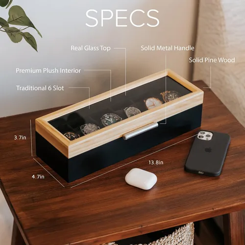 Miniatura 2 de CASE ELEGANCE Pino de dos tonos y base negra con mango de aluminio moderno caja de reloj de 6 ranuras con vidrio real