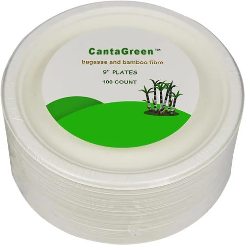 Miniatura 4 de CantaGreen Platos compostables de 9 pulgadas, 100 unidades de caña de azúcar/bagazo y fibra de bambú biodegradable plato de papel desechable