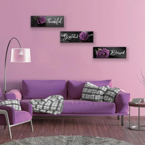 Miniatura 2 de ZINYAZHE 3 piezas de decoración de baño morada, arte de pared con diseño de rosas inspiradoras, letrero de cocina morado y negro, decoración