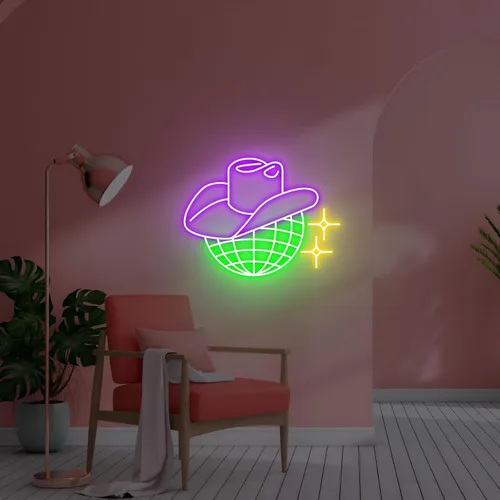 Miniatura 6 de Letrero de neón de bola de discoteca, sombrero de vaquero regulable, luces LED de neón para decoración de pared, letrero iluminado para dormitorio