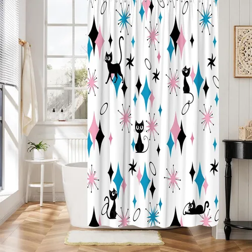 Miniatura 6 de GCTNBJL Mid Century Atomic Cat Shower Curtain Blue Pink Diamond Black Cat Stars Modern Abstract Geometric 1950s 1960s Retro 36x70(WxH) Inches