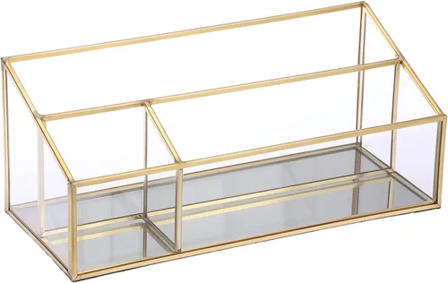 Hipiwe Organizador de maquillaje para encimera, vitrina de cosméticos de vidrio dorado, soporte de almacenamiento de tocador de 3 ranuras,