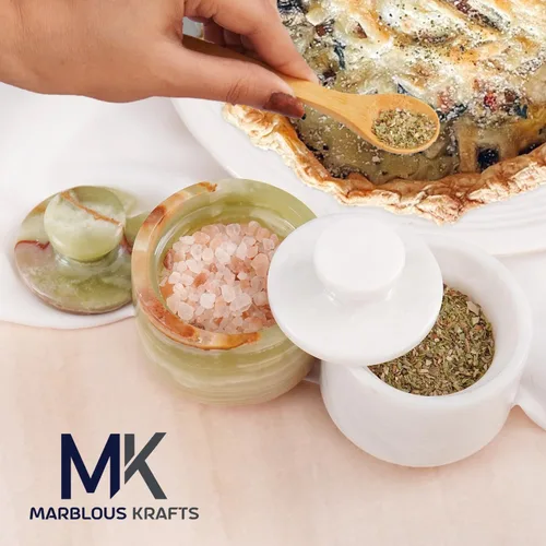 Miniatura 2 de Salero de mármol con tapa de 3" ónix blanco y verde, cuencos de sal y pimienta, almacenamiento para el hogar, recipiente de sal para almacenamiento