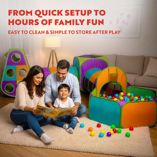 Miniatura 6 de Playz Tienda de campaña desplegable de 5 piezas para niños, túnel de gateo y pozo de pelotas con aro de baloncesto para niños, niñas, bebés y niños