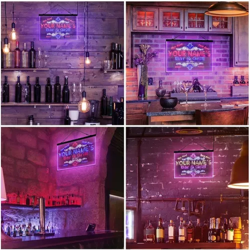 Miniatura 5 de Letrero de luz de neón LED tricolor personalizado para bar y parrilla, nombre personalizado, fecha, texto, cita, fuente blanco, azul y rojo, 17.7 x
