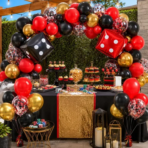 Miniatura 5 de Globos de Casino, Globos Metálicos Negros Rojos Dorados de 12 Pulgadas con Confeti y Dados de Lámina para Decoración de Fiesta Temática de Juego