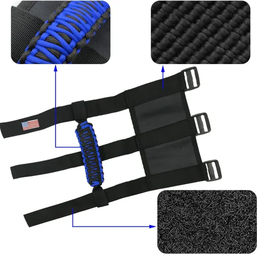 Miniatura 6 de Asas de Agarre de Barra Enrollable con Bandera de EE. UU., Asa de Agarre de Paracord para Jeep Wrangler JK JKU JL JLU TJ CJ YJ & Gladiator JT, Azul
