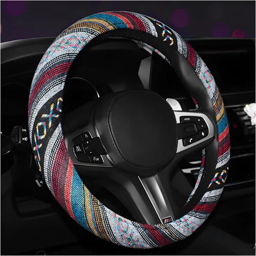 Miniatura 9 de Funda bohemia para volante, tela de lino grueso de 15 pulgadas, estilo étnico, antideslizante, protector universal transpirable para volante
