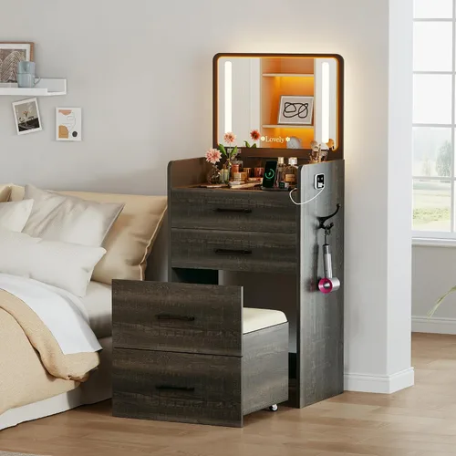Miniatura 14 de Lvifur Escritorio de tocador 3 en 1 con espejo abatible y luces, tocador compacto con parte superior de vidrio con 3 cajones y taburete rodante