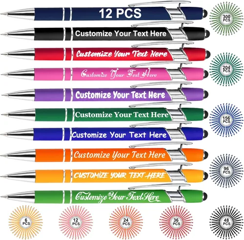 12 bolígrafos personalizados a granel para negocios con nombre, mensaje, texto, bolígrafos personalizados con punta de lápiz capacitivo, bolígrafos