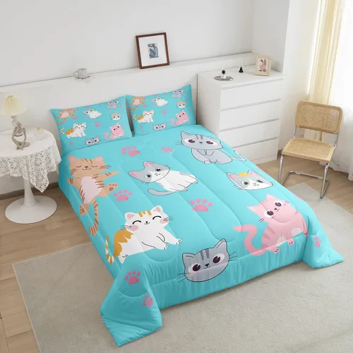Miniatura 44 de Erosebridal Juego de ropa de cama para niños, tamaño individual, diseño de gatos de dibujos animados, para niñas, niños y adolescentes, edredón