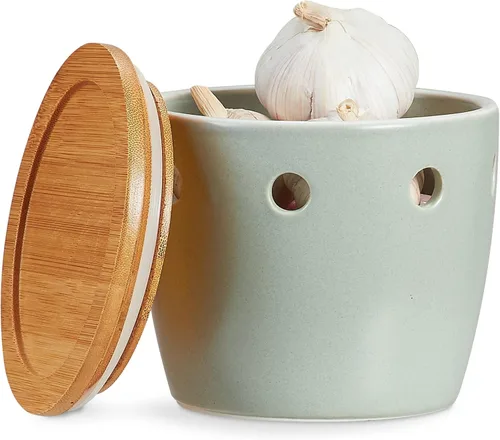 ONEMORE Porta ajos grande con tapa, recipiente de ahorro de ajo de cerámica de 12.7 cm, porta ajos para mostrador, verde claro